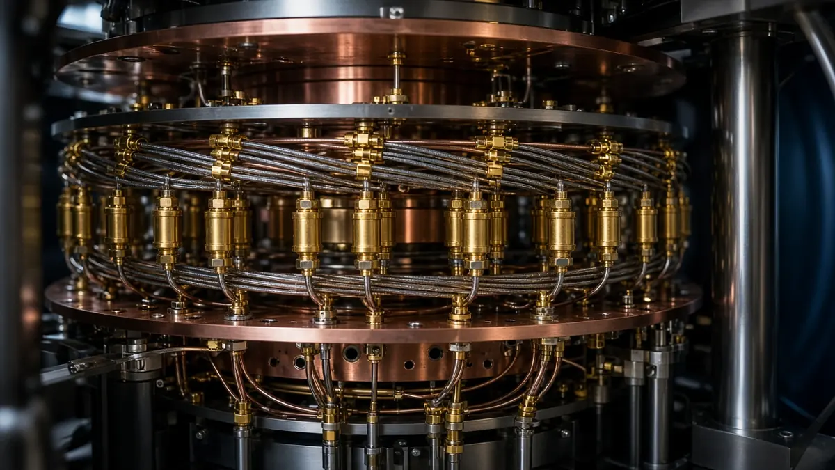 Rows of gold coaxial connectors and cables between copper plates inside a cryostat
