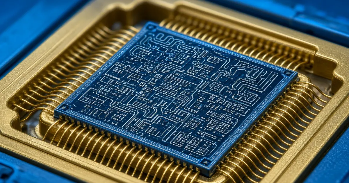 Blue square superconducting chip wire-bonded into a gold sample holder