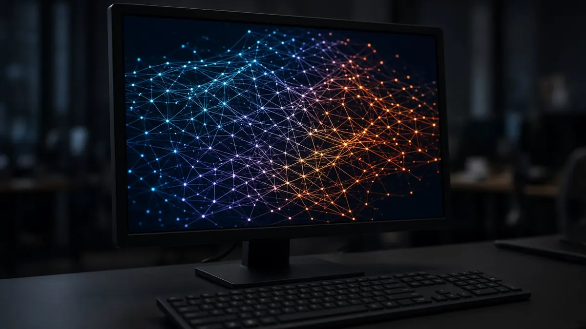 Monitor in a dark office showing a glowing network lattice of blue and orange dots