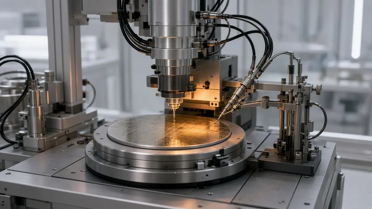 Wafer probe station with a metal needle above a round silicon wafer