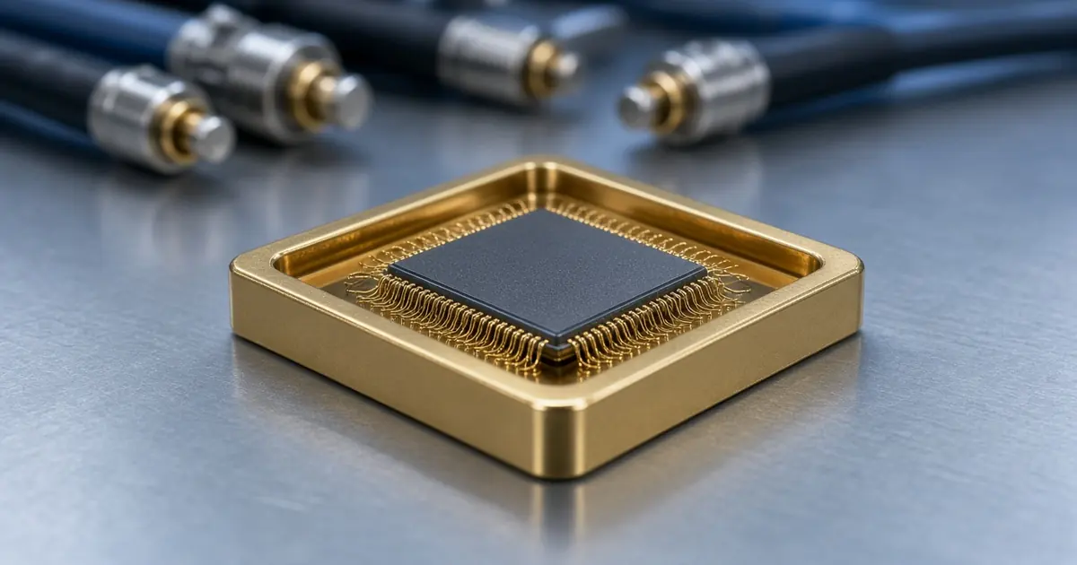 Square microchip in a gold package with wire bonds, on a steel bench