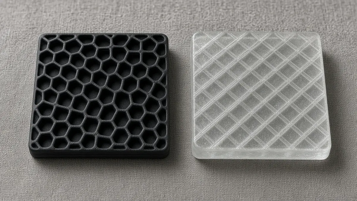 Black honeycomb tile and a clear gridded tile side by side on grey fabric