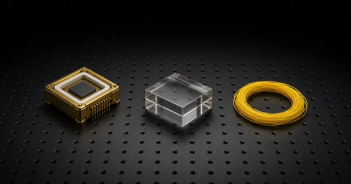 Gold chip package, a clear glass block and a coil of yellow wire on a black perforated table