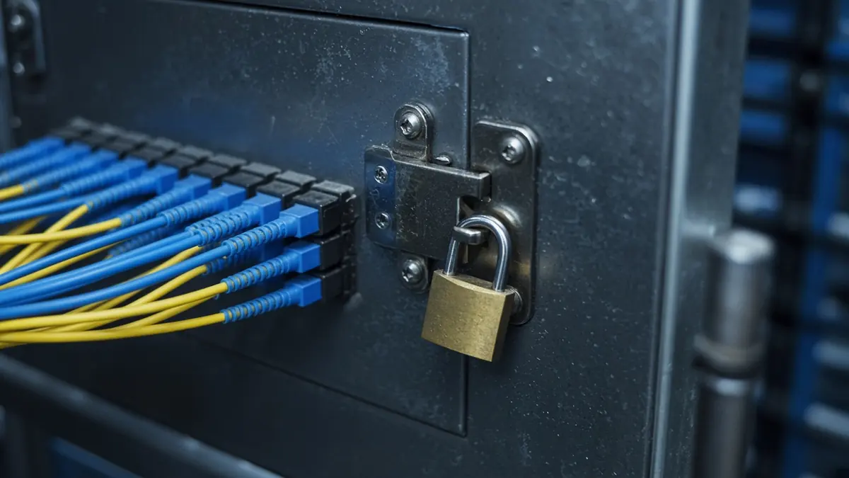 Brass padlock on a metal rack door beside blue and yellow network cables