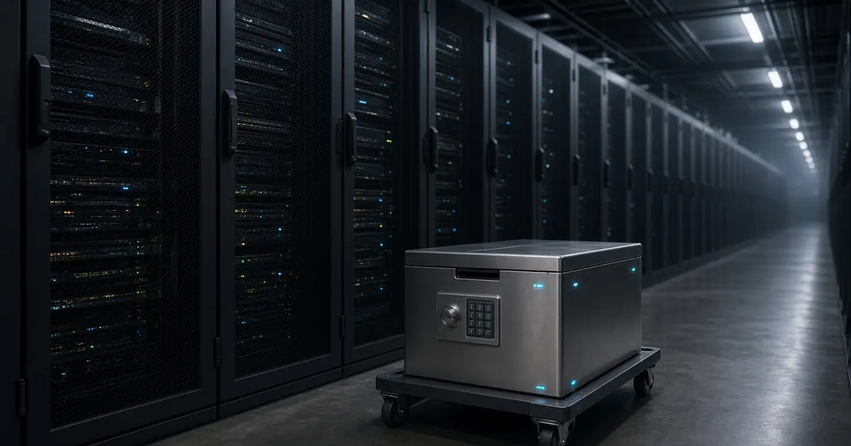 Stainless equipment safe on a wheeled cart in a dark aisle of server racks