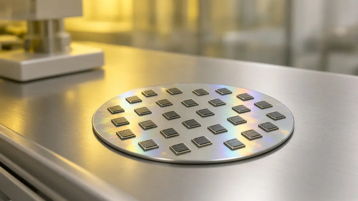 Silicon wafer with a grid of small chip dies on a steel cleanroom bench