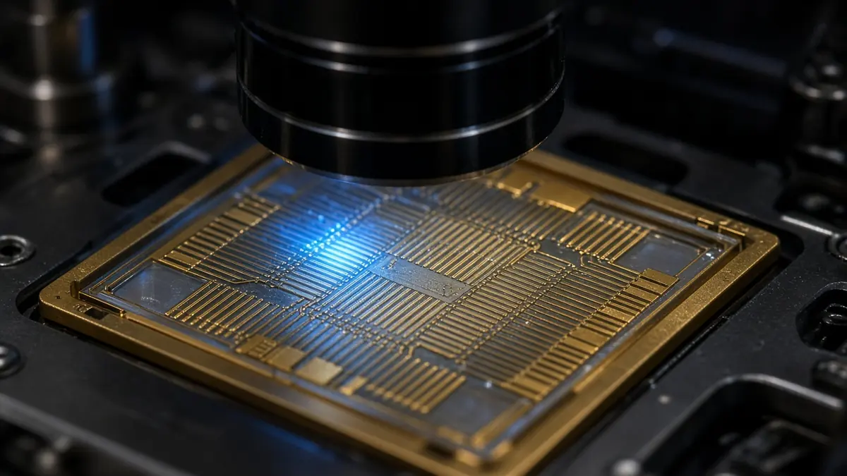 Gold-electrode microchip under a microscope objective lit by a faint blue glow