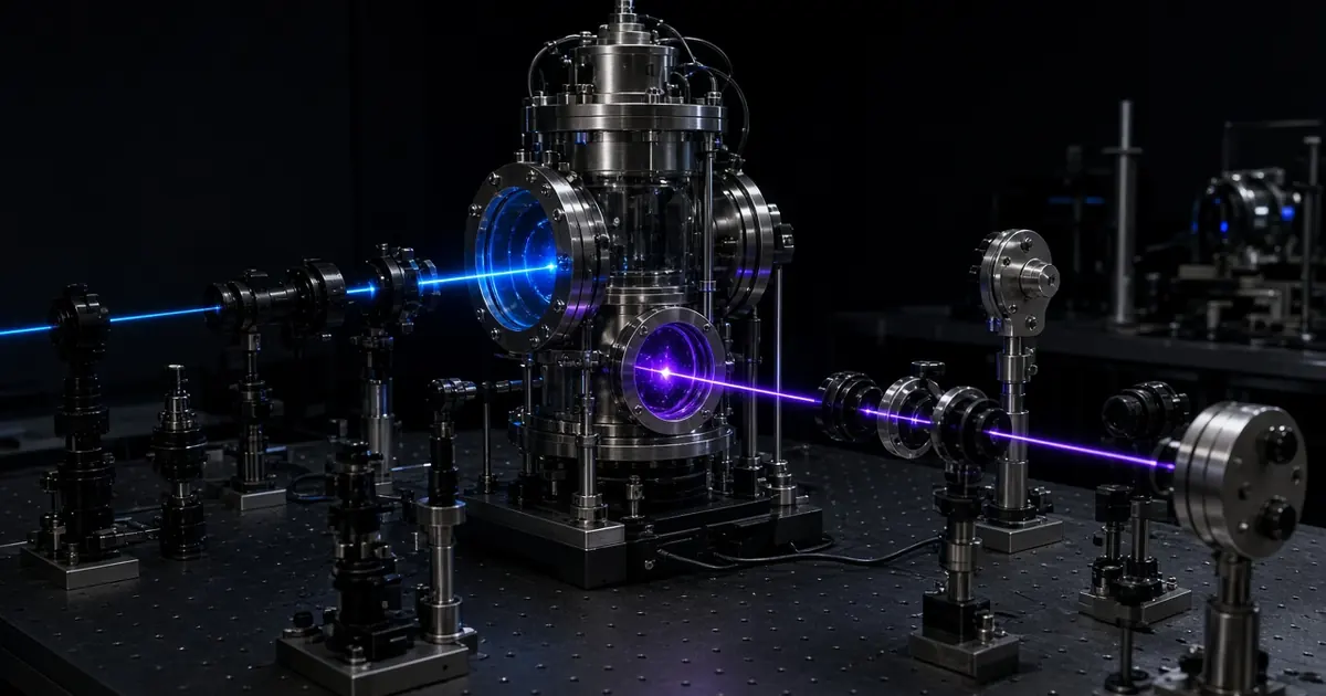 Stainless steel vacuum chamber on an optical table with blue and violet laser beams passing through glass viewports