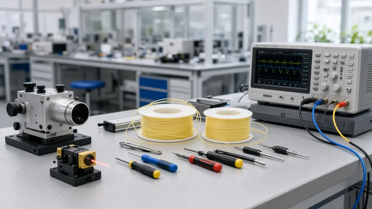 Workshop bench with a small laser, optics, yellow fibre spools, screwdrivers and an oscilloscope