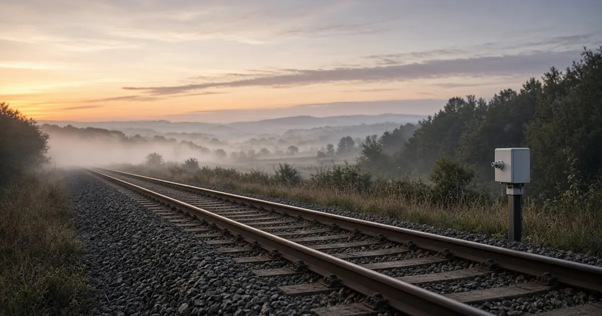 Railway track at misty dawn with a small grey sensor box on a post beside the rails