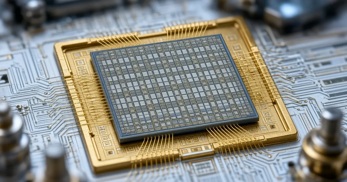 Close-up of a generic qubit chip with a grid of pads, wire-bonded to a gold carrier